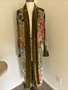Olive Floral Velvet Trim Long Robe - Women
